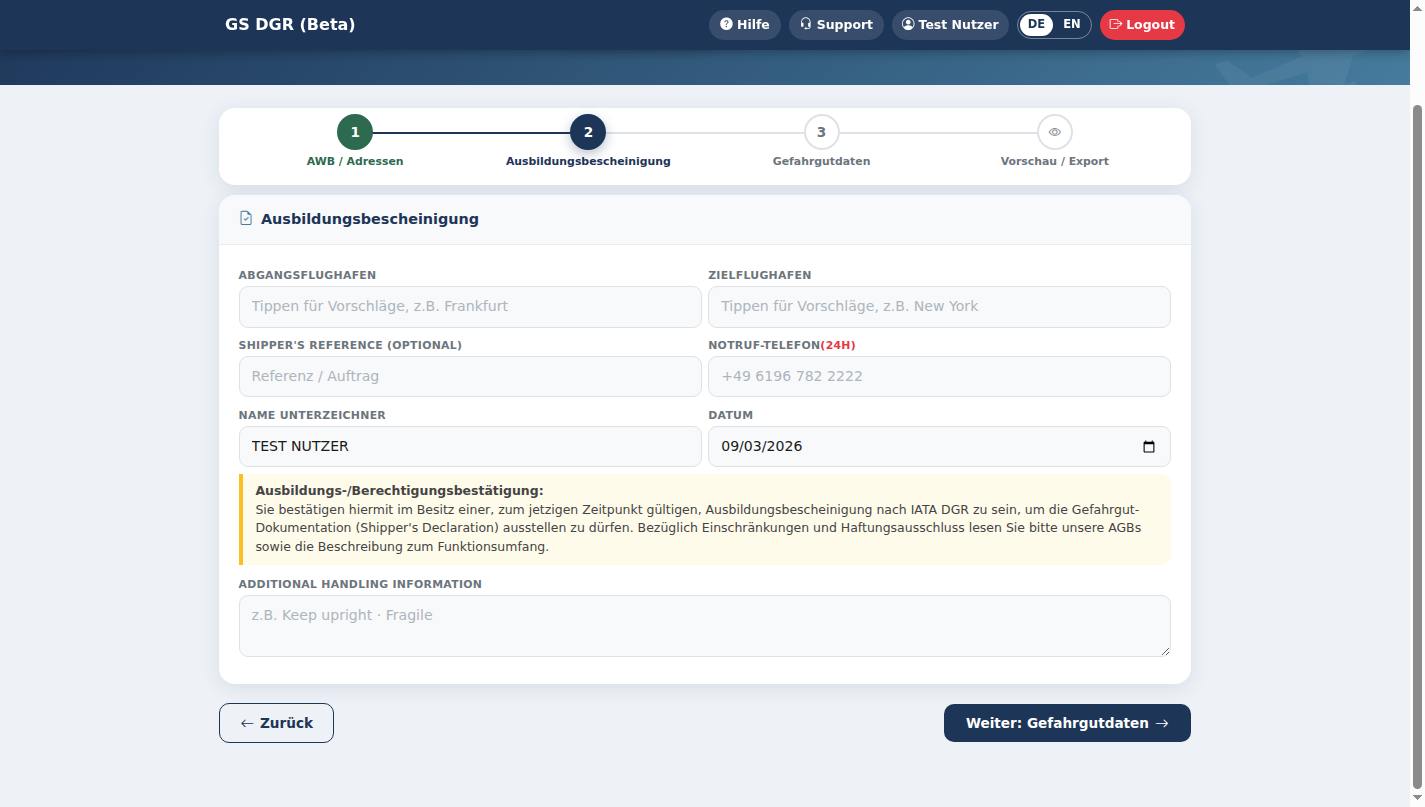 Schritt 2: Flughäfen, Referenz, Notfallnummer, Unterzeichner und Datum