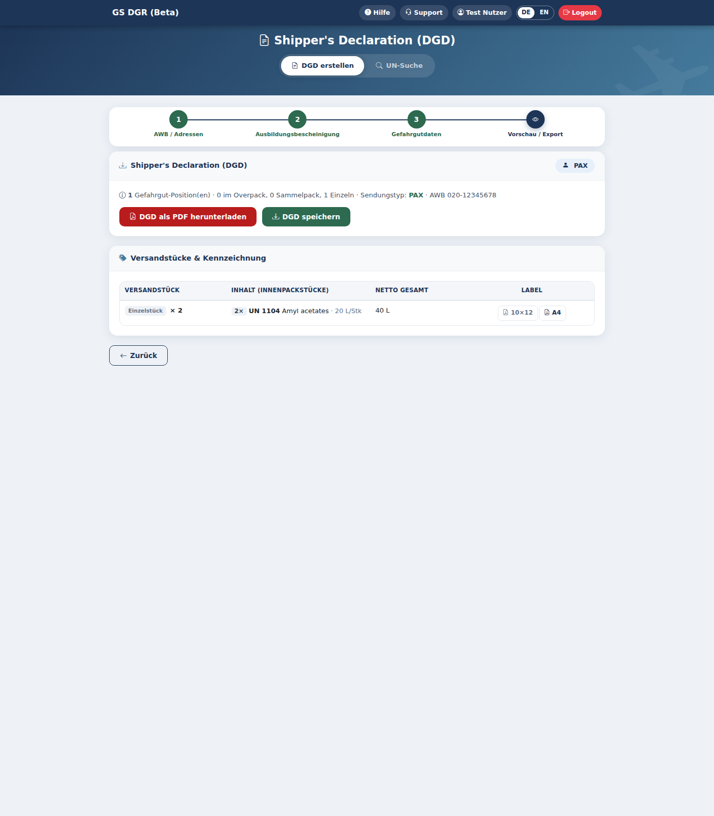 Tabelle „Versandstücke & Kennzeichnung" in Schritt 4 mit Buttons für 10×12- und A4-Etiketten